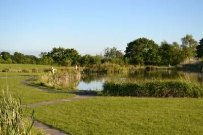 Grass path winding around the lake at Wagtail Park, York